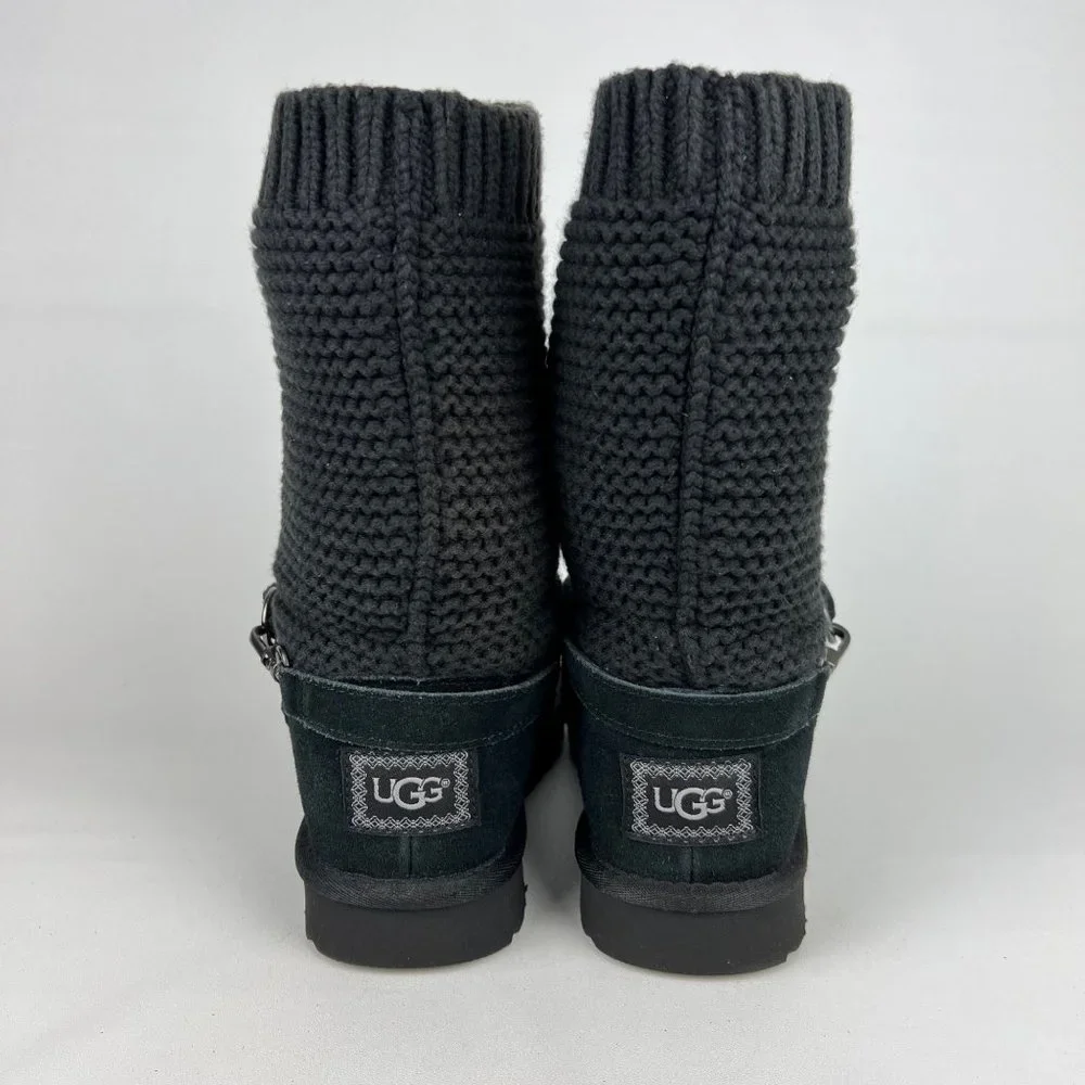 UGG Womens Purl Strap Boot 1098080 Black Suede Knit Cuff Wool Lined size 6